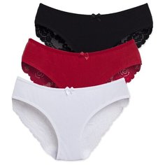 Magic lady Набор трусов слипы классической посадки с кружевом и бантиком, 3 шт., размер 42, белый/черный/красный