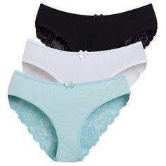 Magic lady Набор трусов слипы классической посадки с кружевом и бантиком, 3 шт., размер 42, белый/черный/бирюзовый