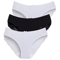 Magic lady Набор трусов слипы классической посадки с кружевом и бантиком, 3 шт., размер 42, белый/черный