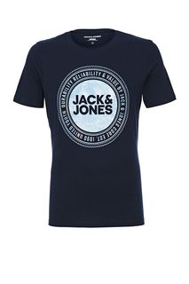 Синяя футболка из хлопка с принтом Jack & Jones