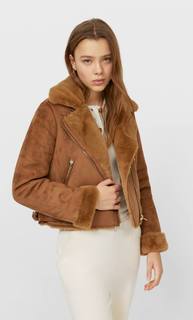 Stradivarius Короткая Куртка В Байкерском Стиле Женская Коллекция Цвет Темной Верблюжьей Шерсти S