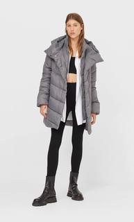 Stradivarius Стеганое Пальто С Двойным Воротником Женская Коллекция Серый Средний Xs