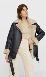 Stradivarius Дубленка В Байкерском Стиле Женская Коллекция Черный M
