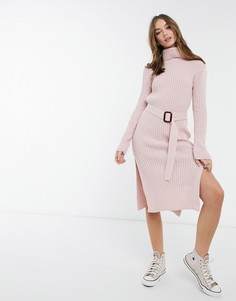 Розовое трикотажное платье с высоким отворачивающимся воротом и поясом In The Style x Billie Faiers-Розовый