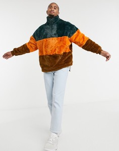 Oversized-свитшот из искусственного меха с высоким воротом и цветными вставками коричневого, зеленого и оранжевого цвета ASOS DESIGN-Мульти