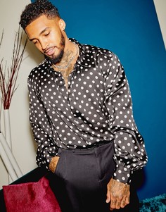 Черная атласная рубашка классического кроя в белый горошек ASOS DESIGN-Черный