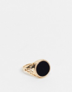 Золотистое кольцо-печатка с черным камнем Chained & Able-Золотой