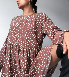 Свободное платье шоколадного цвета в горошек с длинными рукавами Reclaimed Vintage inspired-Коричневый