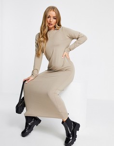 Платье-футболка макси с длинными рукавами в серо-коричневом цвете ASOS DESIGN-Бежевый