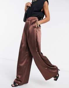 Широкие атласные брюки со складками шоколадно-коричневого цвета Flounce London-Коричневый