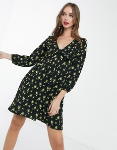 Желтое свободное платье мини с воротником и желтым цветочным принтом ASOS DESIGN-Черный