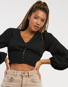 Черный топ с длинным рукавом на пуговицах Monki Zoey