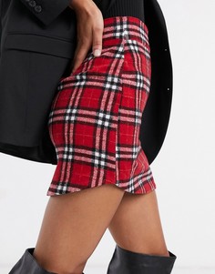 Красная мини-юбка в клетку с вырезанным краем и начесом ASOS DESIGN-Мульти