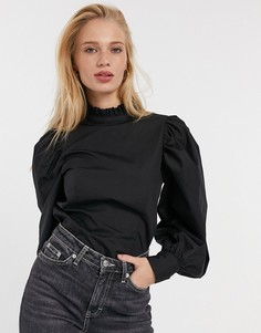 Хлопковый топ с длинными рукавами и воротником-оборкой ASOS DESIGN-Черный