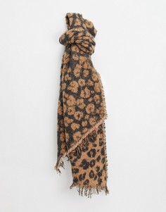 Бежевый шарф oversized со звериным принтом Pieces-Черный