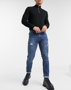 Джинсы скинни в темном сине-зеленом цвете с потертостями и разрезами ASOS DESIGN-Синий