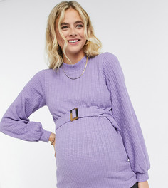 Лавандовый топ в рубчик с поясом на талии и объемными рукавами Mamalicious Maternity-Фиолетовый Mama.Licious