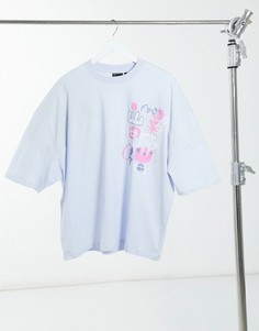 Голубая футболка в стиле oversized с абстрактным принтом на груди ASOS DESIGN-Синий