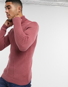 Розовый вязаный джемпер в рубчик с высоким воротом ASOS DESIGN