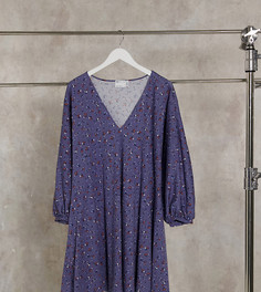 Синее свободное платье mini с V-образным вырезом и мелким цветочным принтом ASOS DESIGN Curve-Серый