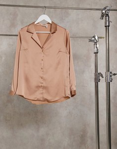 Светло-коричневая атласная рубашка свободного кроя с длинными рукавами ASOS DESIGN-Коричневый