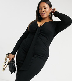 Черное платье миди с длинными рукавами и глубоким вырезом с завязкой ASOS DESIGN Curve-Розовый