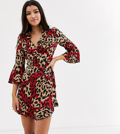 Платье мини с запахом, оборками, рукавами клеш и леопардовым принтом Outrageous Fortune-Мульти