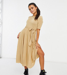 Бежевое платье миди с поясом и плиссированной юбкой ASOS DESIGN Petite-Коричневый