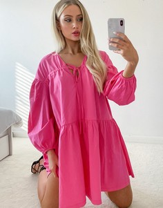 Розовое многоярусное свободное платье с длинными рукавами ASOS DESIGN-Розовый