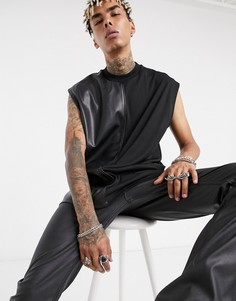 Свободная футболка без рукавов с отделкой из искусственной кожи ASOS DESIGN-Черный