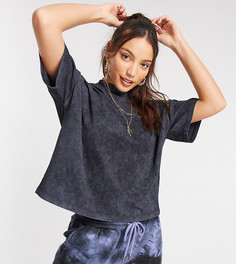 Черная выбеленная футболка свободного кроя с горловиной в рубчик ASOS DESIGN Tall-Серый