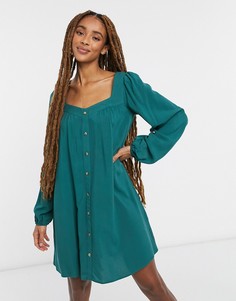 Темно-зеленое свободное платье мини на пуговицах с длинными рукавами ASOS DESIGN-Зеленый