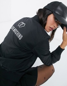 Черный бомбер с логотипом и сердцами из страз Love Moschino