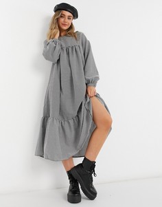 Свободное платье миди в черно-белую клетку с воланом ASOS DESIGN-Мульти