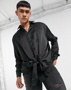 Черная атласная рубашка с завязками спереди ASOS DESIGN-Черный