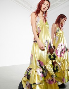 Длинное платье-трапеция с многоуровневым низом и золотистым цветочным принтом ASOS EDITION-Золотой