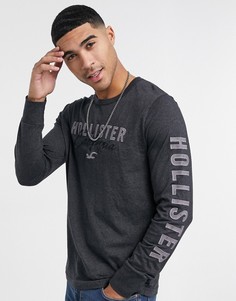 Темно-серый меланжевый лонгслив с логотипом на рукаве Hollister