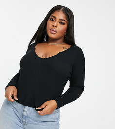 Черный кроп-топ в рубчик с вырезом с разрезом и с длинными рукавами ASOS DESIGN Curve