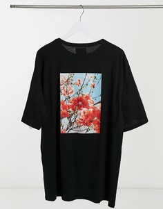 Черная футболка в стиле oversized с приспущенной линией плеч и цветочным принтом на спине Sixth June-Черный