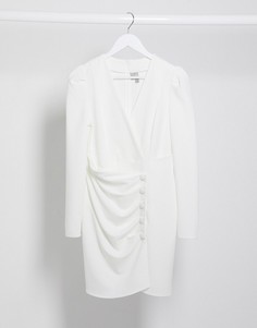 Платье мини цвета слоновой кости с запахом спереди и юбкой со сборками на пуговицах ASOS DESIGN-Белый