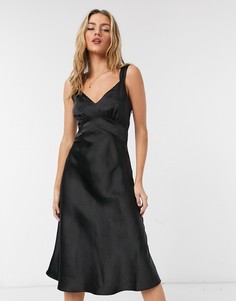 Черное атласное платье-комбинация миди French Connection-Черный