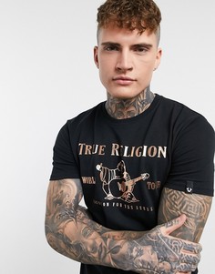 Черная футболка с золотистым логотипом на груди True Religion-Черный
