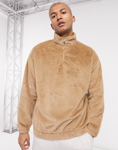 Коричневый oversize-свитшот из искусственного меха с высоким воротником на молнии ASOS DESIGN