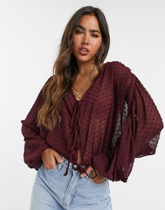 Легкий топ добби ягодного цвета с длинными рукавами и вырезом ASOS DESIGN-Красный