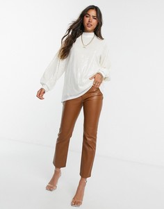 Светло-бежевый топ с пайетками, высоким воротником и объемными рукавами Pretty Lavish-Кремовый