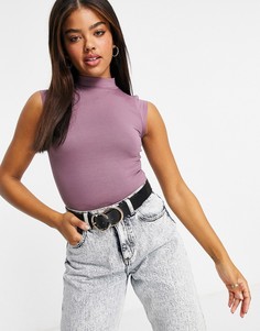 Боди с высоким воротником и короткими рукавами в баклажановом цвете ASOS DESIGN-Фиолетовый