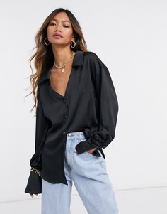 Черная атласная рубашка с широкими манжетами ASOS DESIGN-Коричневый