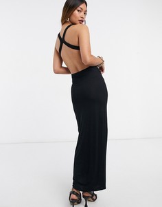 Черное присборенное платье мидакси с лямками на спине и горловиной-борцовкой ASOS DESIGN-Черный