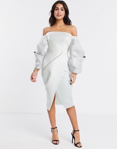 Платье-футляр миди премиум класса с объемными рукавами ASOS DESIGN-Белый