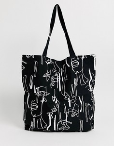 Большая хлопковая сумка с абстрактным принтом ASOS DESIGN-Черный